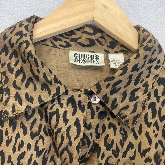 Vintage Chico's Design 100% Silk Cheetah Blouse Size 2 (Large) Button Up Top - Picture 6 of 9